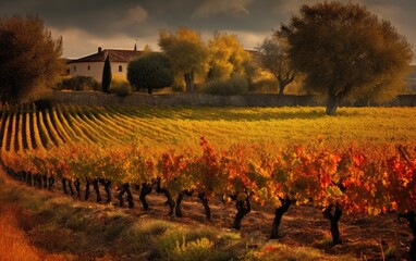 beautiful rural summer landscape vineyards with a rustic house, a trip to Europe, generative ai