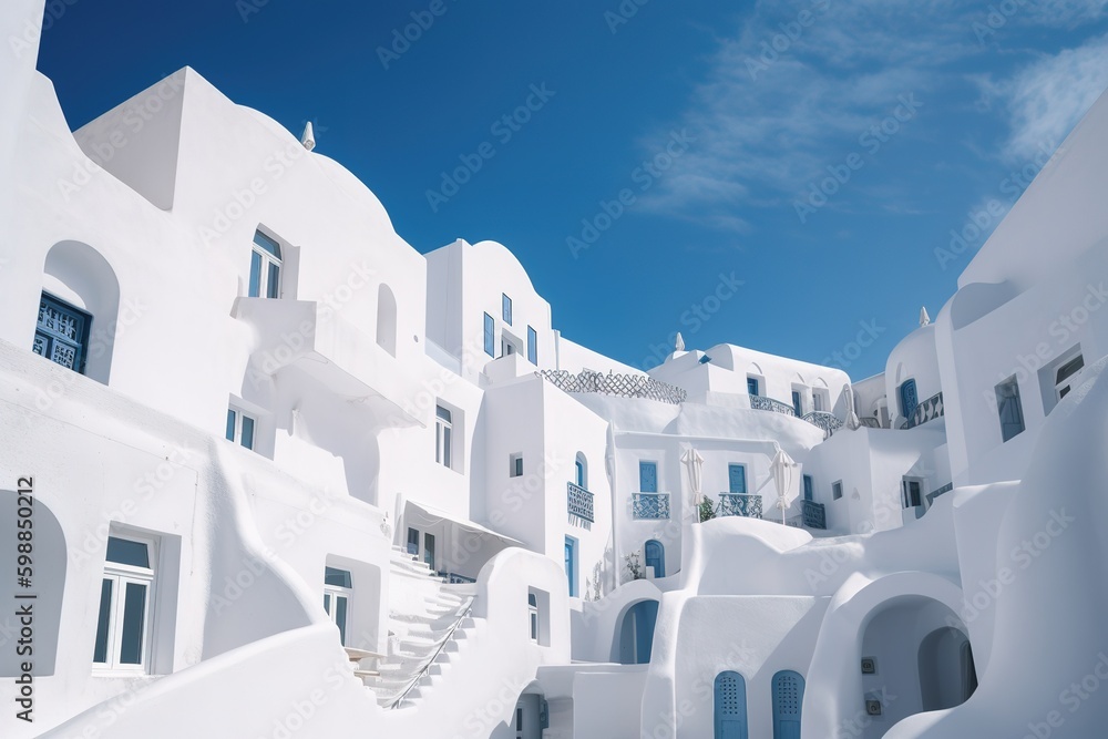 Poster a structure that is white overall and has blue windows and a staircase generative ai generative ai