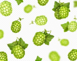 3d Falling Green hops background. Beer аlcohol beverage, hop flying with blur defocused effect Concept. Vector realistic illustration