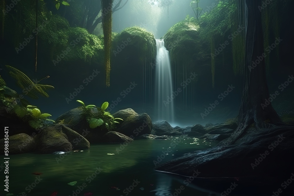 Aufkleber a cascading waterfall in the thick of the woods generative ai generative ai