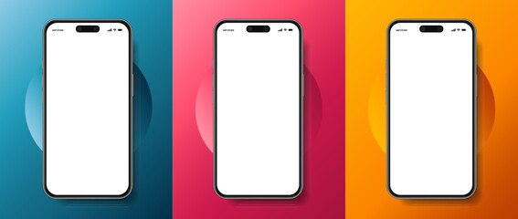 3D realistic high quality smartphone mockup with isolated background. Smart phone mockup collection. Device front view. 3D mobile phone with shadow on white background.