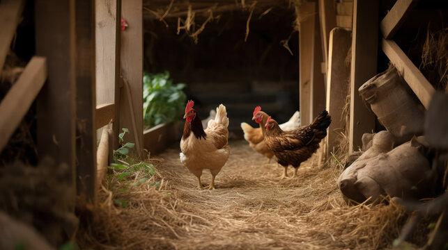 Inside the Chicken Coop: A Glimpse of Three Hens in the Nest. Generative AI