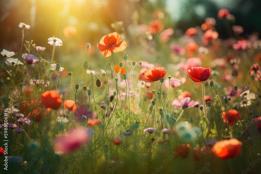 Poster a meadow brimming with flowers of both red and white generative ai generative ai