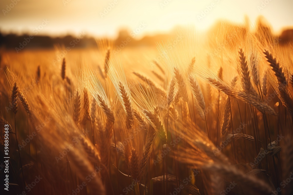 Poster a panorama of a wheat field with the setting sun in the backdrop generative ai generative ai