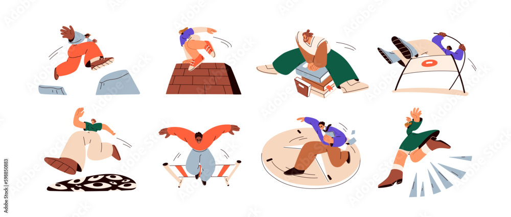 Poster abstract concepts with people jumping over, overcoming obstacles, dangers, risks on way to goal, suc