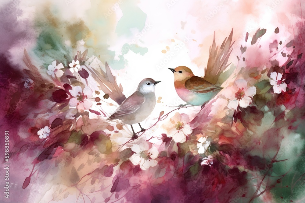 Poster a cartoon depiction of two birds perched together on a branch generative ai generative ai