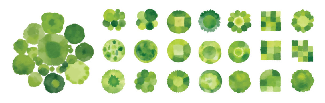 Various green trees, bushes and shrubs, top view for landscape design plan. Vector watercolor illustration, isolated on white background.