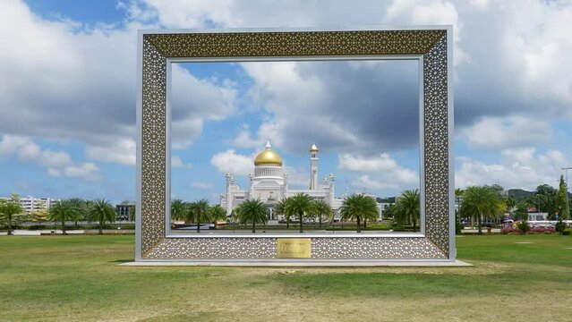 Frame at Masjid Sultan Omar Ali Saifuddin Mosque and royal barge in Bandar Seri Begawan, Brunei Darussalam.