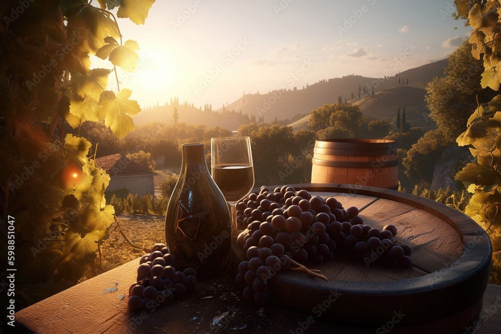 Poster on the table, there is a bottle of wine and some grapes. generative ai generative ai
