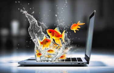 shopping ecommerce with goldfish inside laptop