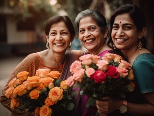 Fototapeta premium Happy mother's day. Candid shot of a mature mother surrounded by her grown - up children, holding a bouquet of vibrant flowers. Generative AI