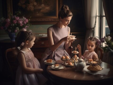 Happy mother's day. An elegant image of a mother and her children having a tea party in a luxurious setting on Mother's Day. Generative AI