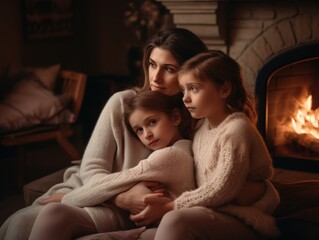 Obraz na płótnie Canvas Happy mother's day. A heartwarming image of a mother and her children cuddling on a cozy couch in front of a fireplace on Mother's Day. Generative AI