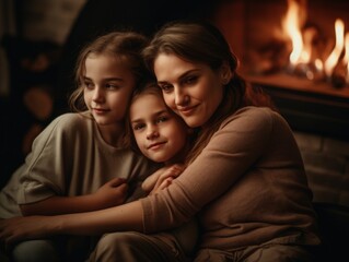 Happy mother's day. A heartwarming image of a mother and her children cuddling on a cozy couch in front of a fireplace on Mother's Day. Generative AI