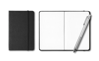Black closed and open notebooks with a pen isolated on transparent background