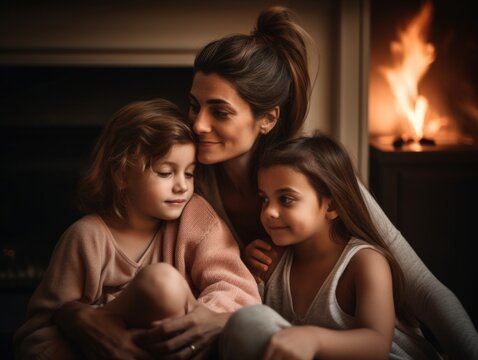 Happy mother's day. A heartwarming image of a mother and her children cuddling on a cozy couch in front of a fireplace on Mother's Day. Generative AI