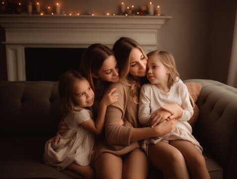 Happy mother's day. A heartwarming image of a mother and her children cuddling on a cozy couch in front of a fireplace on Mother's Day. Generative AI