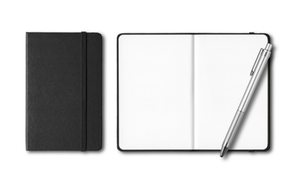 Black closed and open notebooks with a pen isolated on transparent background