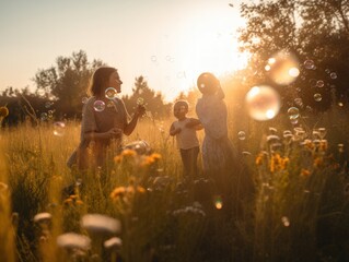 Naklejka na ściany i meble Happy mother's day. A playful image of a mother and her children playing with bubbles in a field of wildflowers on Mother's Day. Generative AI