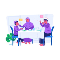 Islamy - Islamic Activities Illustration Praying Salah Dzikr Giving Alms Pray Prayer Family Breakfast Fasting Eating Dining Zakat Reading Quran Adhan 