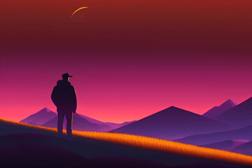Silhouette of a man that looking hills with sunrise