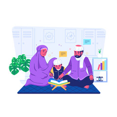 Islamy - Islamic Activities Illustration Praying Salah Dzikr Giving Alms Pray Prayer Family Breakfast Fasting Eating Dining Zakat Reading Quran Adhan 