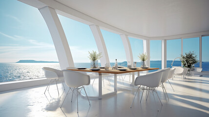 Luxury modern dining room in white, modern interior design with view on the ocean, ai generative
