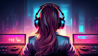 illustration of a girl wearing the headphone playing music with dj equipment, neon lights effect