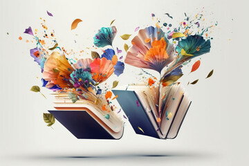 Open book with fantastic levitation glowing colorful flowers splash on white background, beautiful, World book day, knowledge and creativity concept, spring, summer mood. - obrazy, fototapety, plakaty