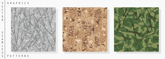 Three seamless camouflage patterns. Winter, desert, forest. Vector print
