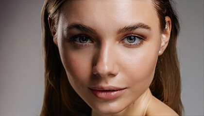 Naklejka premium Beautiful Young Woman with Clean and Fresh Skin on Isolated Background, Perfect for Beauty, Skincare, Cosmetics, Makeup, and Health and Wellness Promotion, Generative AI