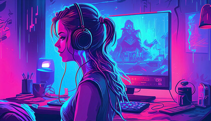 illustration of a girl wearing the headphone playing music, neon lights effect