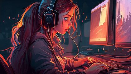 illustration of a girl wearing the headphone playing music, neon lights effect