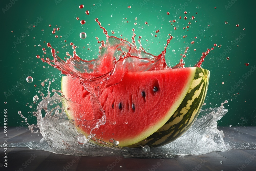 Poster a piece of watermelon is falling into the pool as it splashes. generative ai generative ai