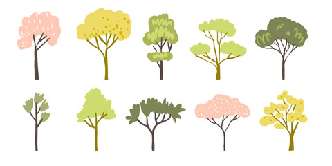 Spring trees isolated on white background, different trunks and foliage. Vector landscape design elements