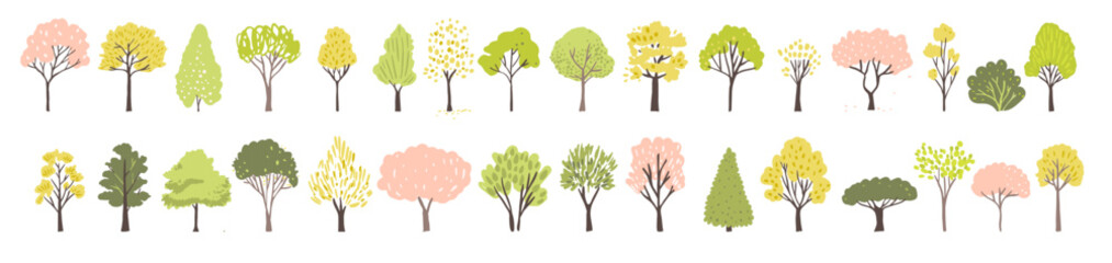 Different trees set with summer green, autumn orange foliage, spring pink blossom. Simple drawn illustrations of forest wood. Vector season landscape design
