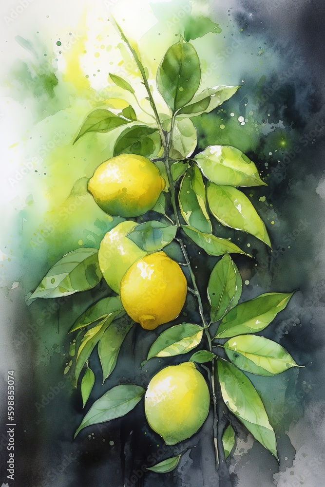 Poster a picture of lemons hanging on a branch that also has leaves. generative ai generative ai