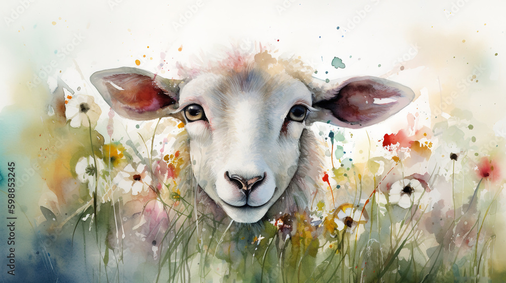 Poster a cartoon depiction of a sheep grazing in a meadow of flowers generative ai generative ai