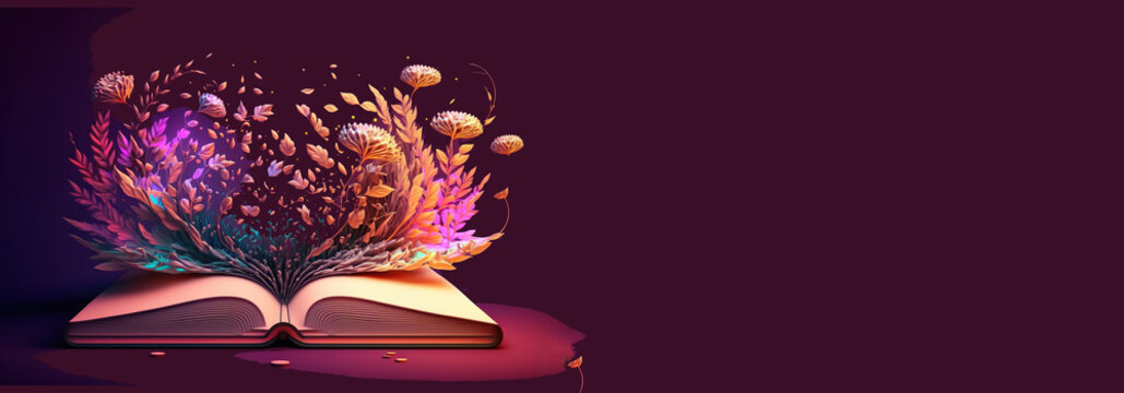 Banner Open book with fantastic levitation glowing colorful flowers splash on pink background, beautiful, World book day, knowledge and creativity concept, spring, summer mood. - Powered by Adobe