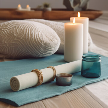 Serene Setting With A Yoga Mat Candles By Generative AI