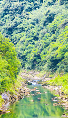Fototapeta na wymiar Beautiful natural scenery of river in Taiwan, tropical green forest with mountains in background
