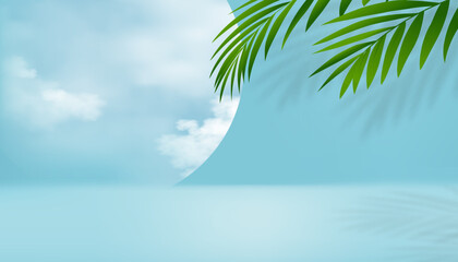 Fototapeta na wymiar Cosmetic product display podium with Clouds,Blue sky with Coconut Palm leaves onBlue wall Background.Vector Empty Studio Room with Tropical leaf,Web design Presentation for Skincare on Spring, Summer