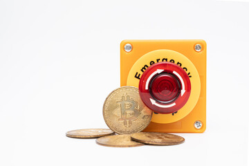 crypto currency price stop loss concept, big red pushing emergency stop button on white background....
