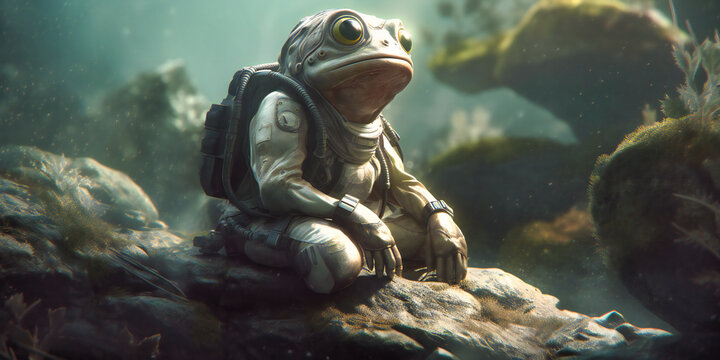 an image of a frog in an astronaut suit sitting on a piece of rock