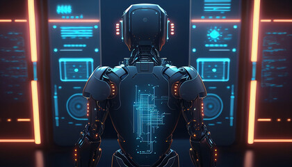 Fototapeta premium AI robot in office room with hologram works data flow
