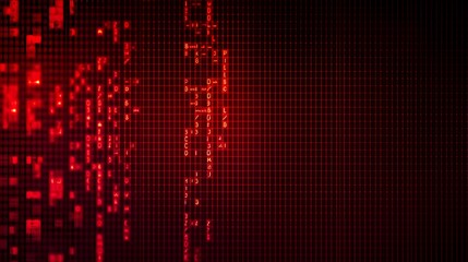 Red, abstract binary code elements on a dark screen, illustrating the concepts of malware, ransomware, and cyber attacks. Background design that includes copy space for added content. Generative AI