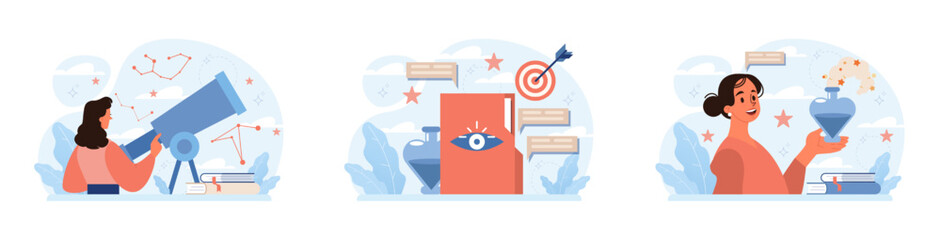 Occultism set. Character performing witchcraft rituals, sorcery and magic