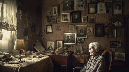 Eine alte Oma sitzt einsam in ihrem kleinen Zimmer ,Generative AI