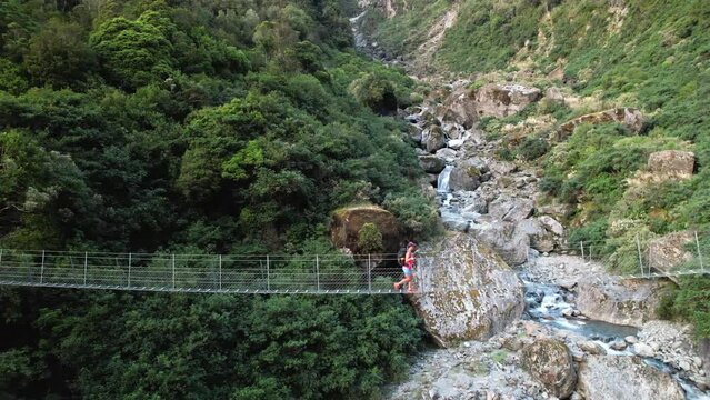 Young traveler on swing bridge. Aerial of pristine natural scenery, river and native forest. Copland Track, New Zealand