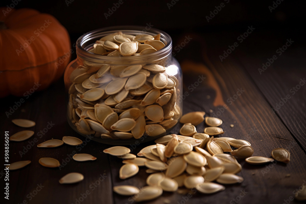 Sticker pumpkin seeds on the table. AI Generated